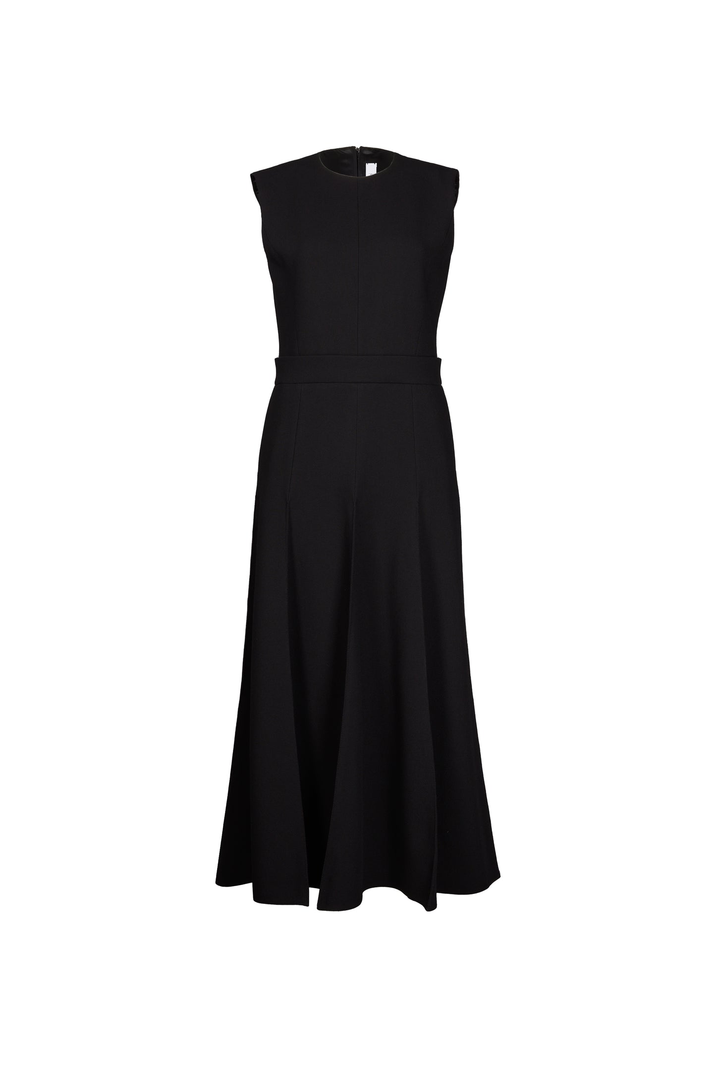 Black wool midi dress with a tailored bodice and flared skirt, crafted from luxurious Italian wool, perfect for versatile, elegant styling.