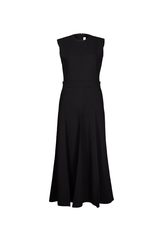 Black wool midi dress with a tailored bodice and flared skirt, crafted from luxurious Italian wool, perfect for versatile, elegant styling.
