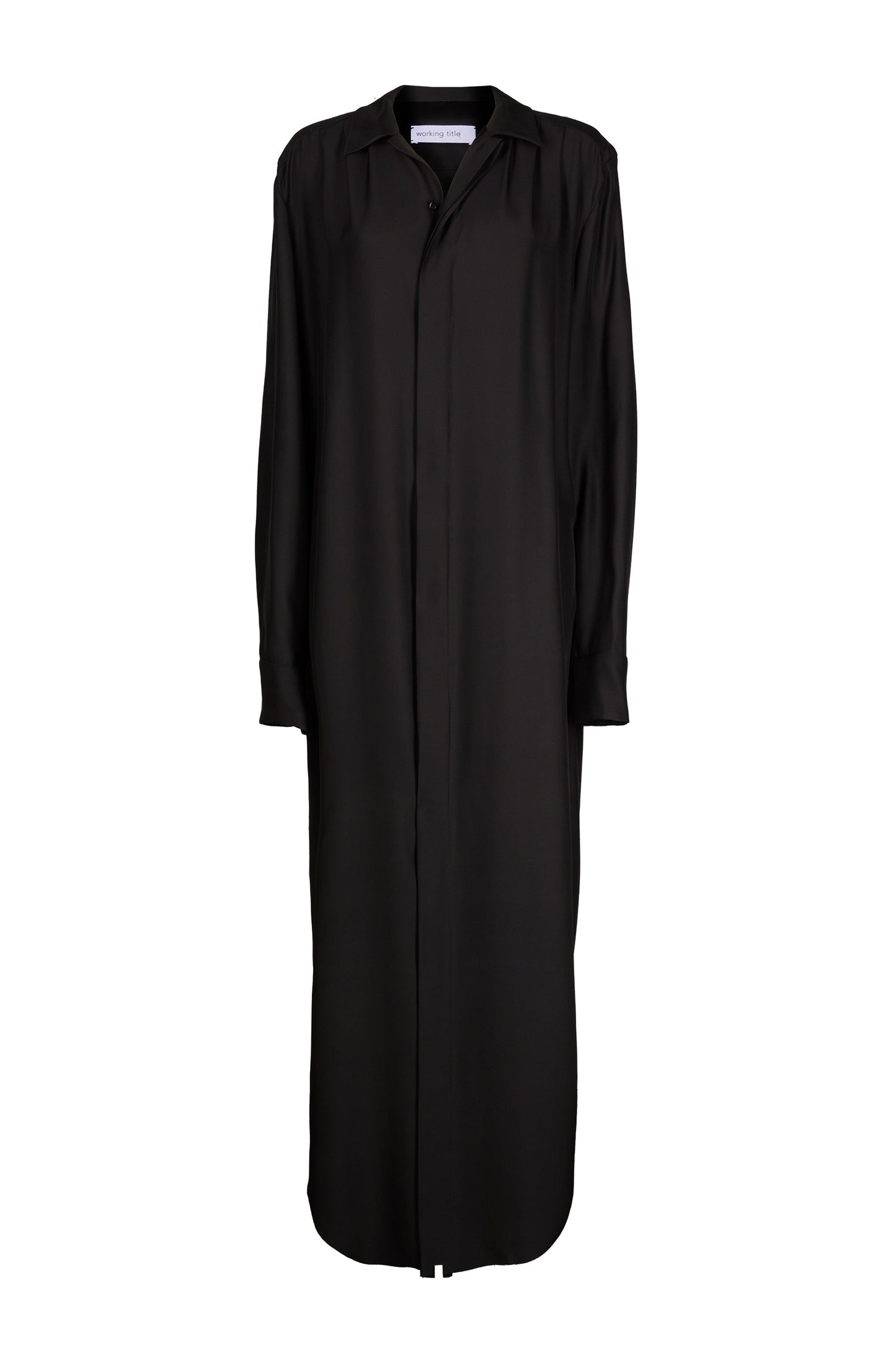 Sophisticated black silk shirt dress with classic collar and buttoned front, flowing ankle-length design for versatile style.