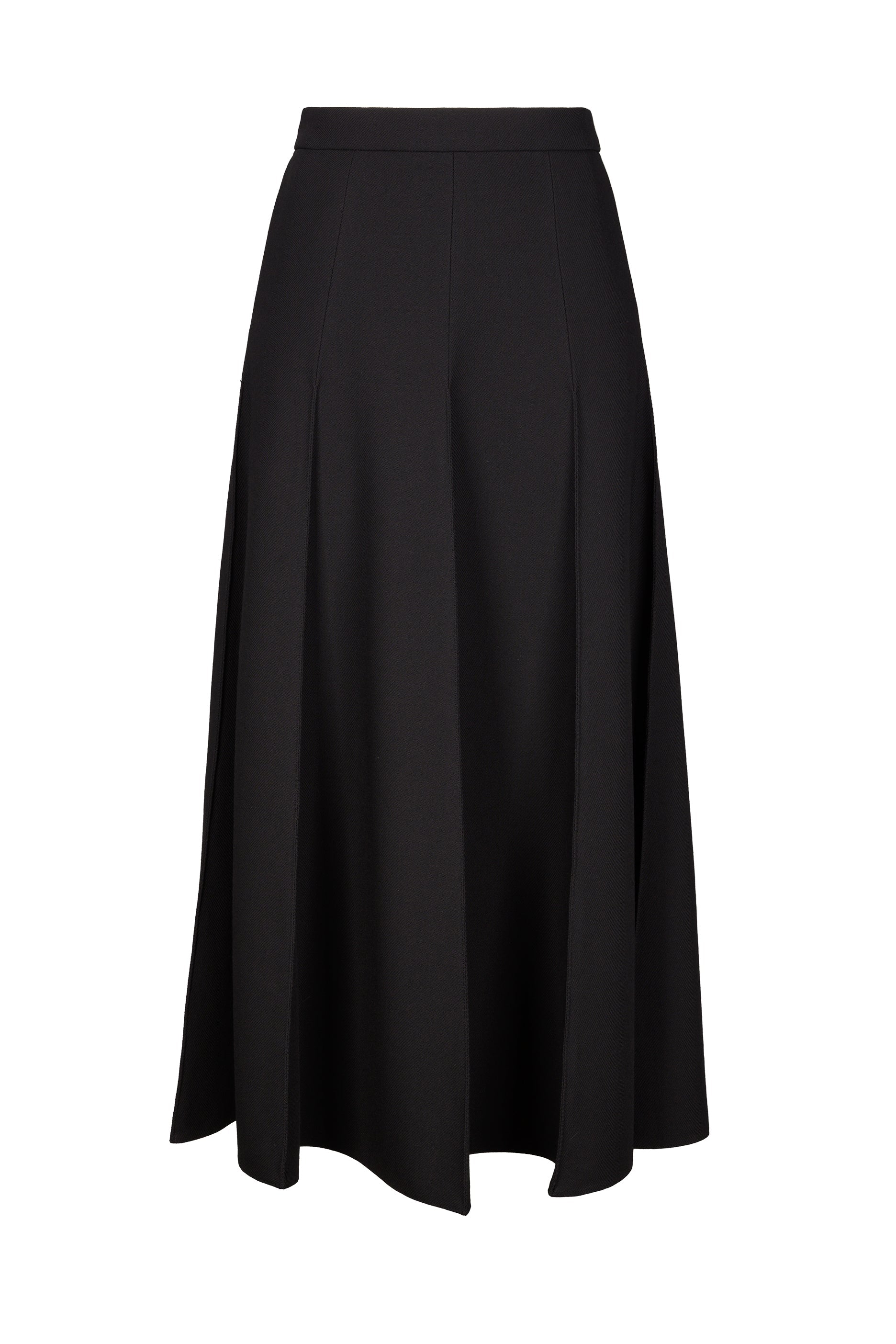 Black wool midi skirt with high-waist and panel design, crafted from Italian wool for a classic and elegant look.