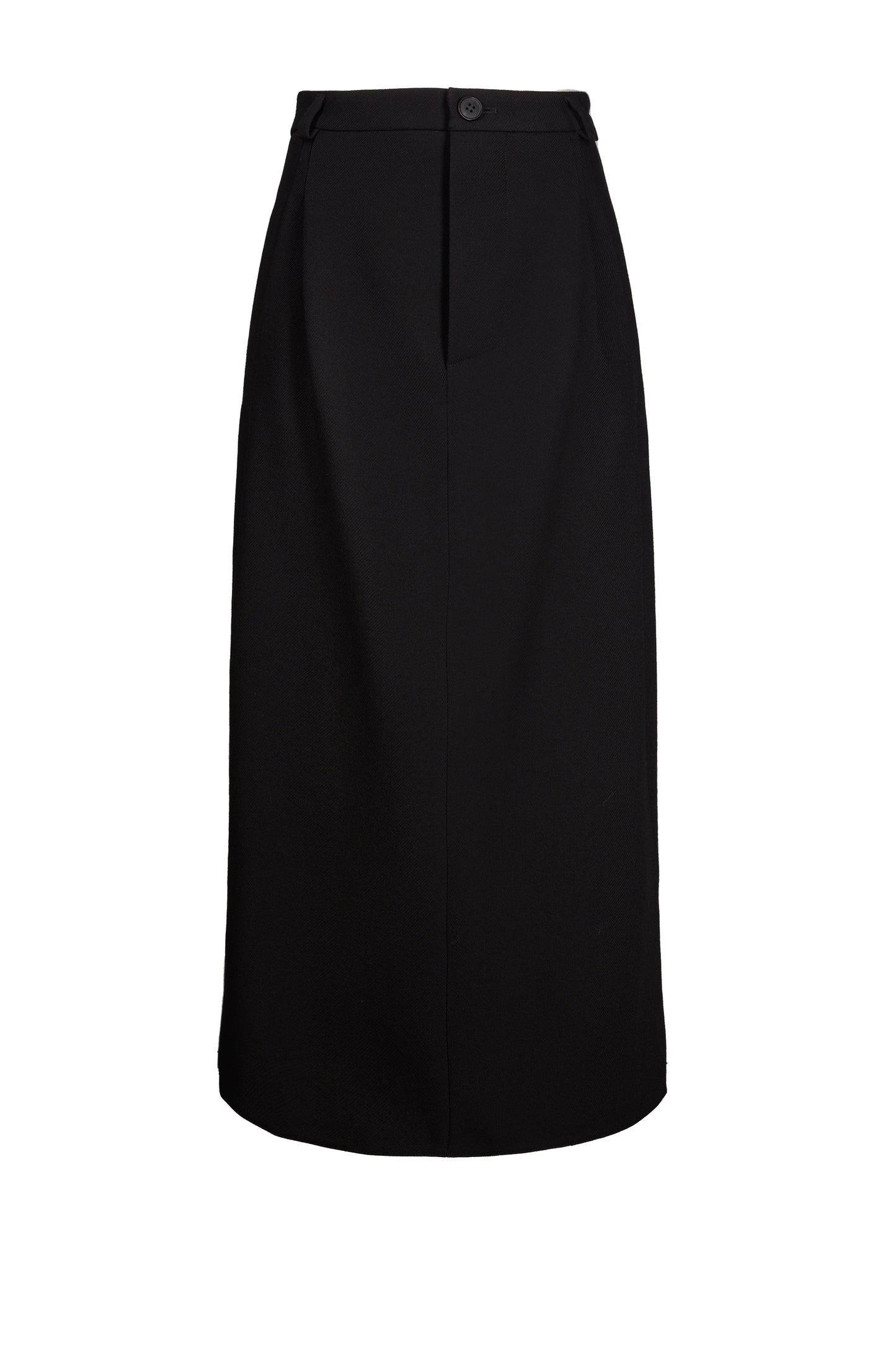 Black wool slit midi skirt with high waist and button fly and slit details on either side