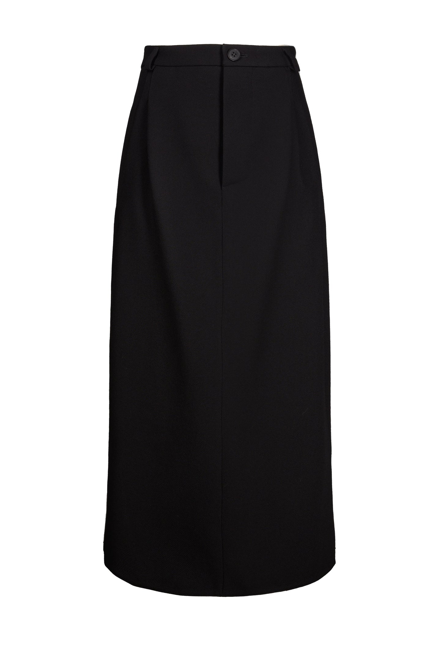 Black wool slit midi skirt with high waist and button fly and slit details on either side