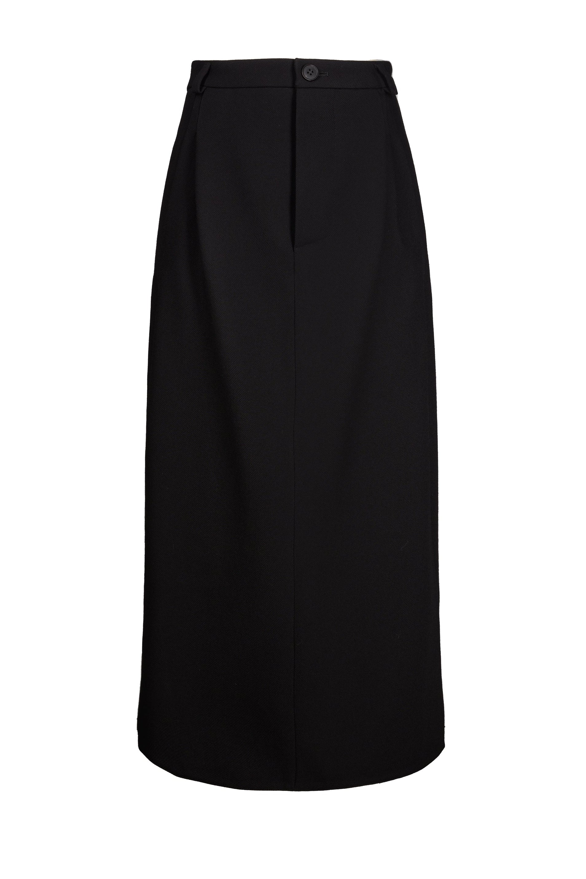 Black wool slit midi skirt with high waist and button fly and slit details on either side