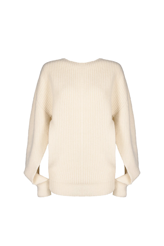 Luxurious oversized chunky knit jumper featuring open sleeves and an open body design, combined with a ribbed texture for a bold, fashion-forward statement.