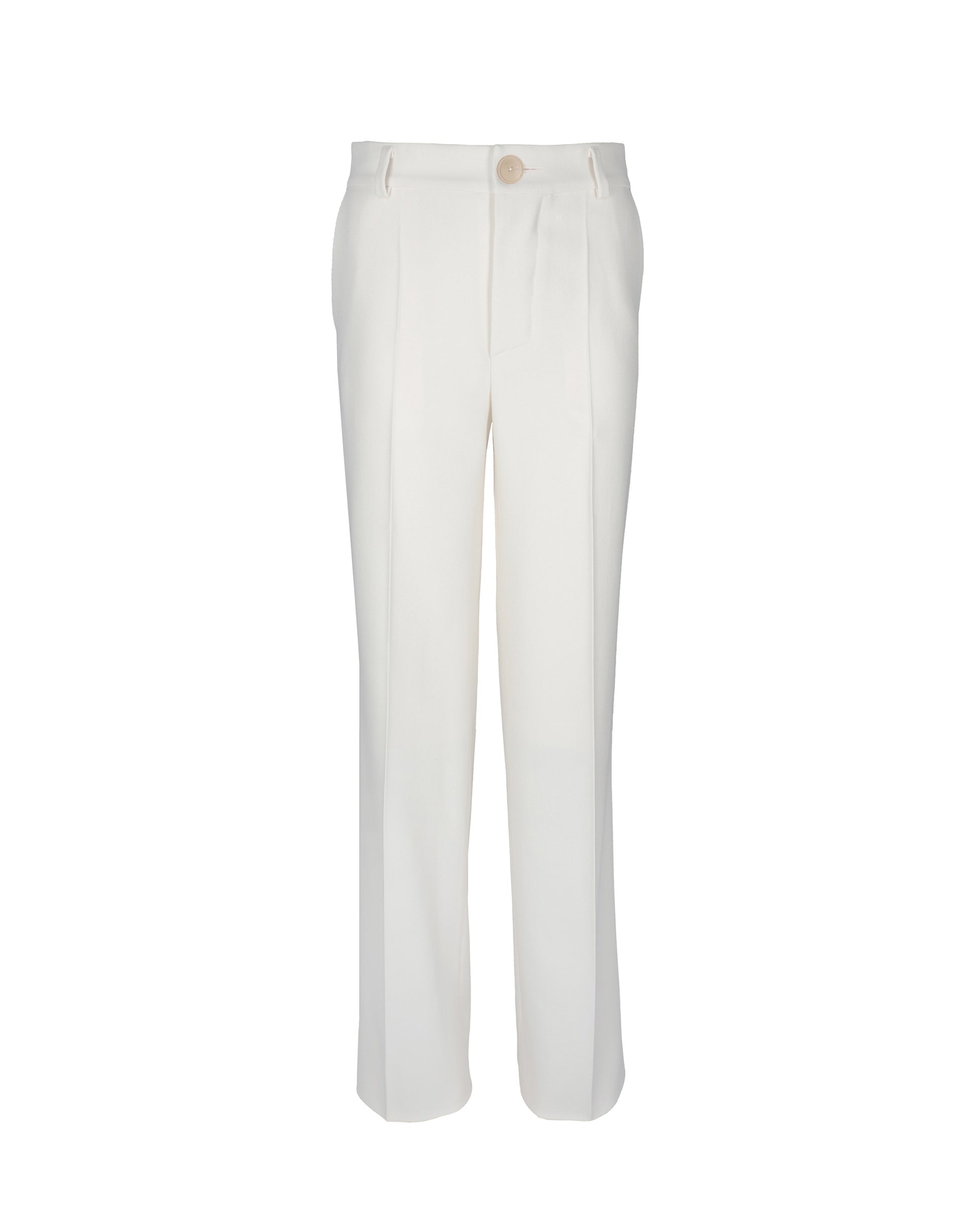 Woolen pants with straight-leg cut and front pleats, made from premium Italian wool, offering a sleek and tailored appearance.