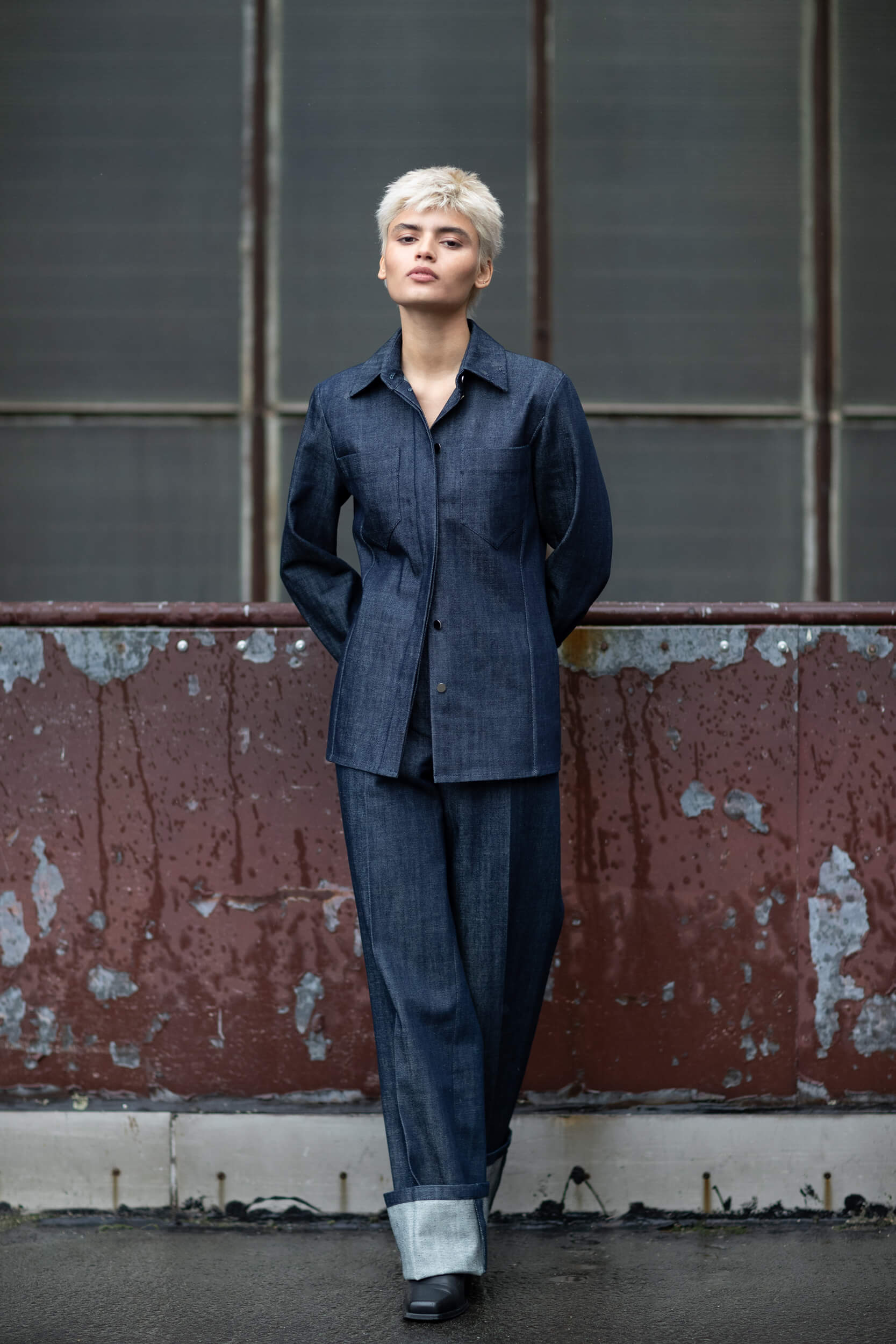 Model Yunuen wearing working title's Fitted Denim Shirt