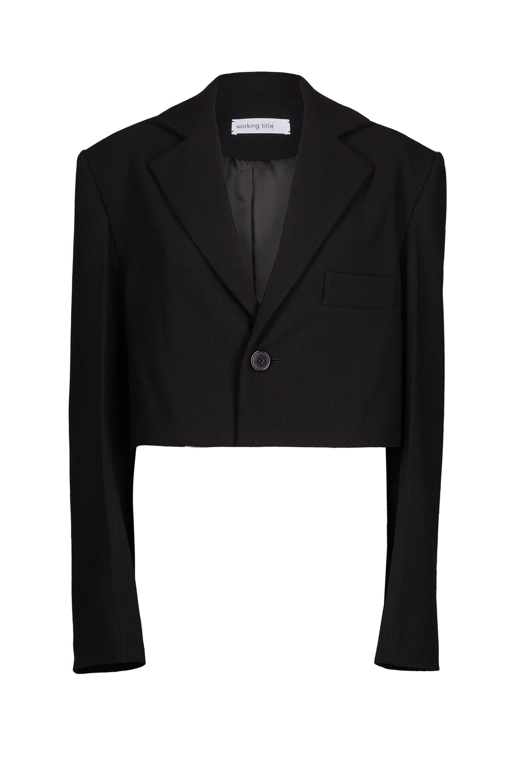Black cropped unisex blazer crafted from Italian virgin wool with sharp tailoring and sculptural silhouette.