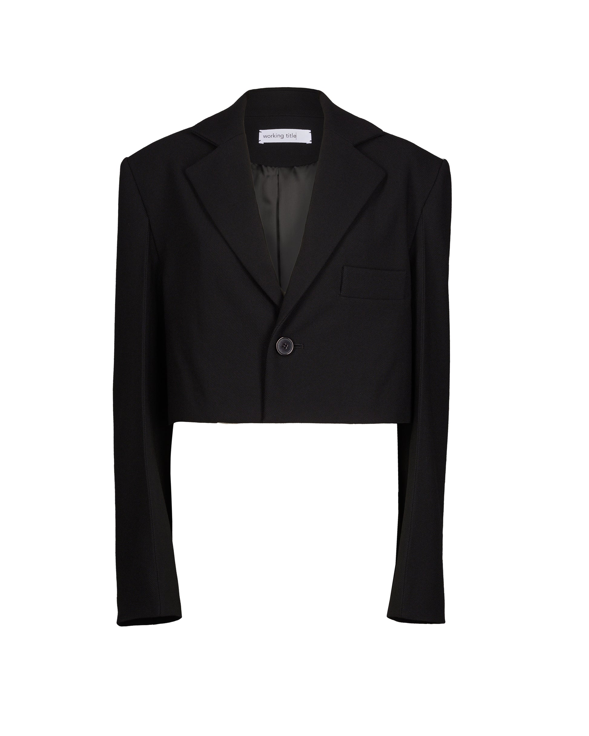 Black cropped unisex blazer made from Italian wool, featuring notched lapels and a single-button closure for a timeless and sophisticated look.