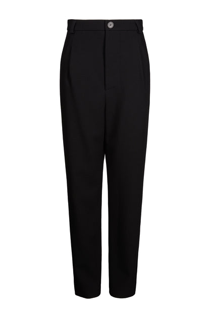 Sophisticated black egg-shape pants in Italian wool gabardine with a high waist and front pleats, ideal for both formal and casual wear.