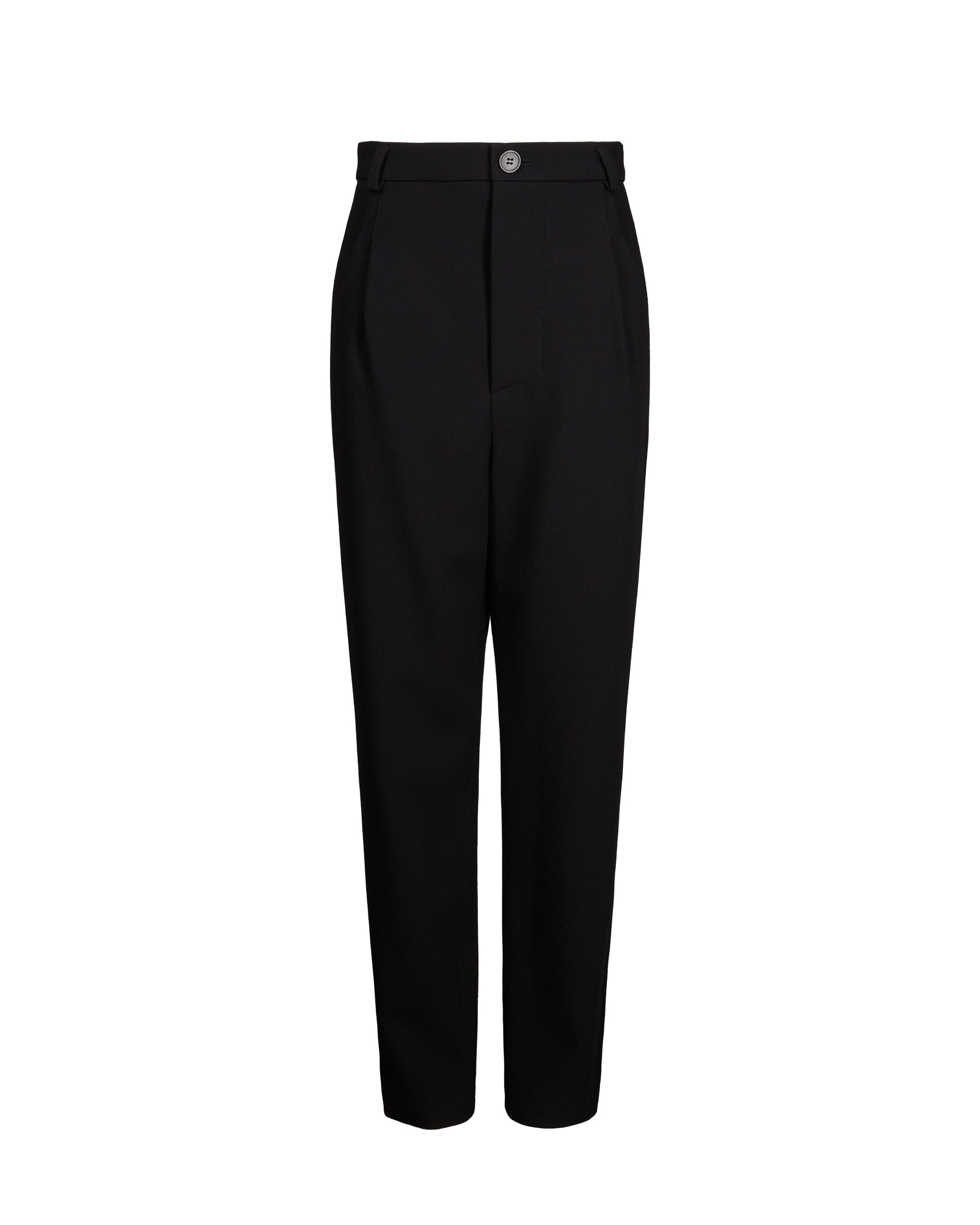 Stylish black egg-shape pants made of Italian wool gabardine, featuring a high waist and front pleats for a modern, sophisticated look