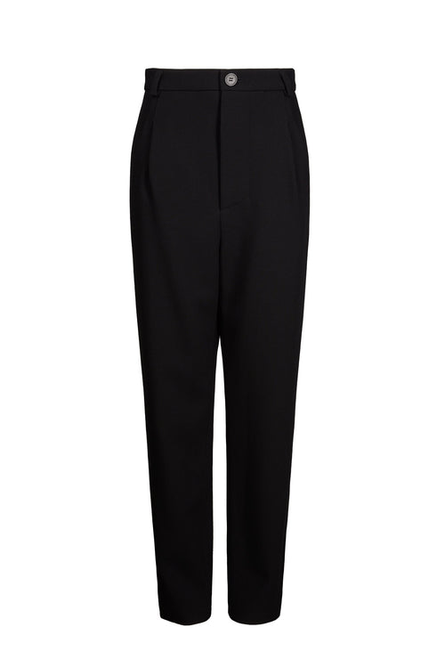 Stylish black egg-shape pants made of Italian wool gabardine, featuring a high waist and front pleats for a modern, sophisticated look