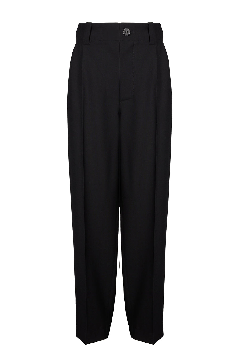 A pair of black relaxed pleat pants with an elastic waistband and sharp pleats, displayed against a white background.