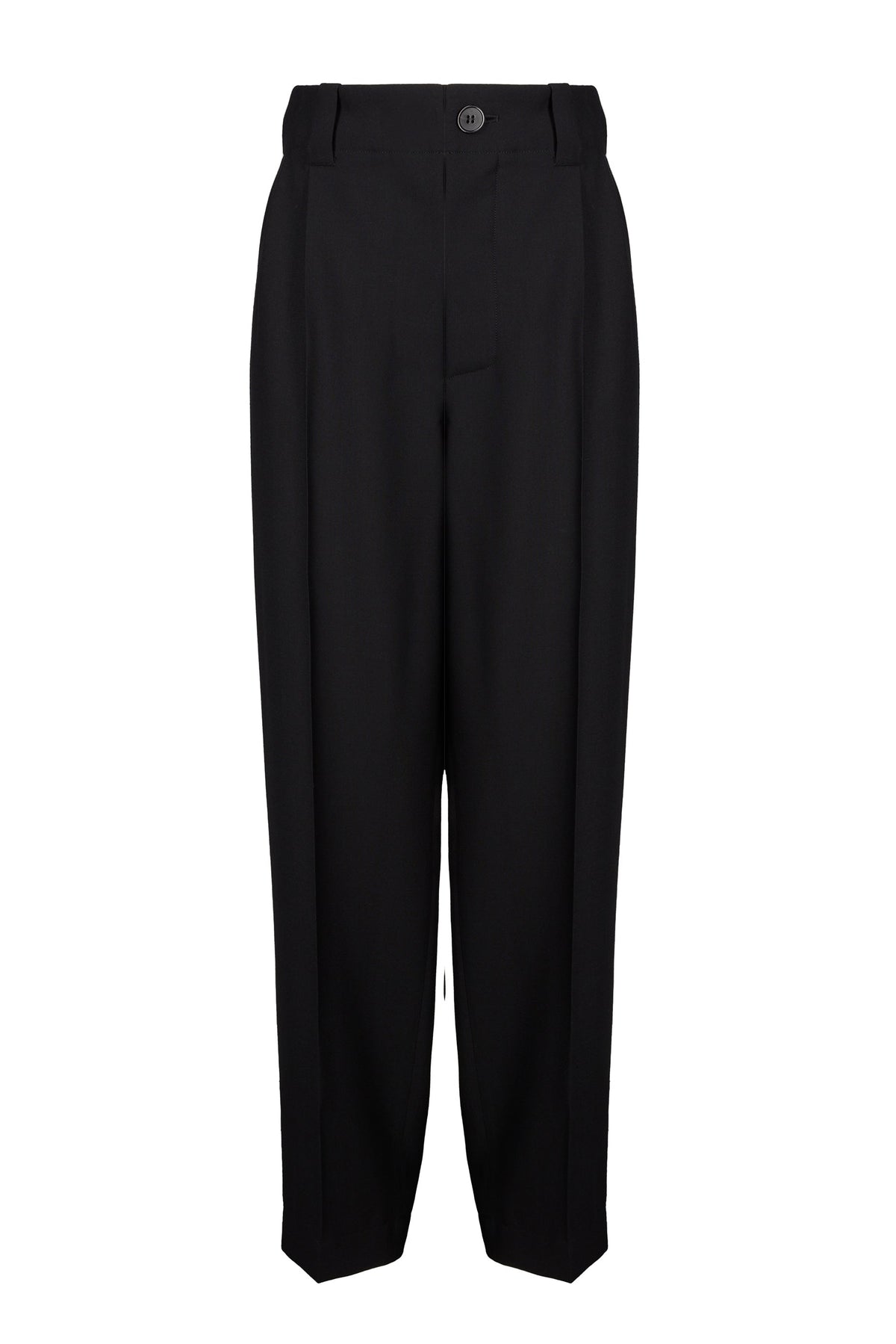 A pair of black relaxed pleat pants with an elastic waistband and sharp pleats, displayed against a white background.