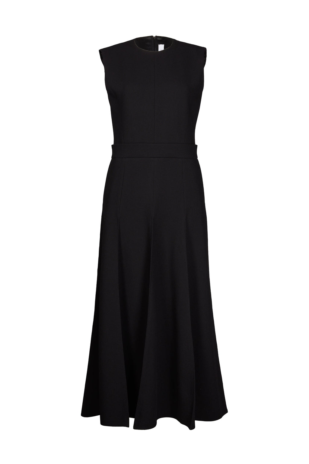 Black wool midi dress with a tailored bodice and flared skirt, crafted from luxurious Italian wool, perfect for versatile, elegant styling.