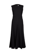 Black wool midi dress with a tailored bodice and flared skirt, crafted from luxurious Italian wool, perfect for versatile, elegant styling.