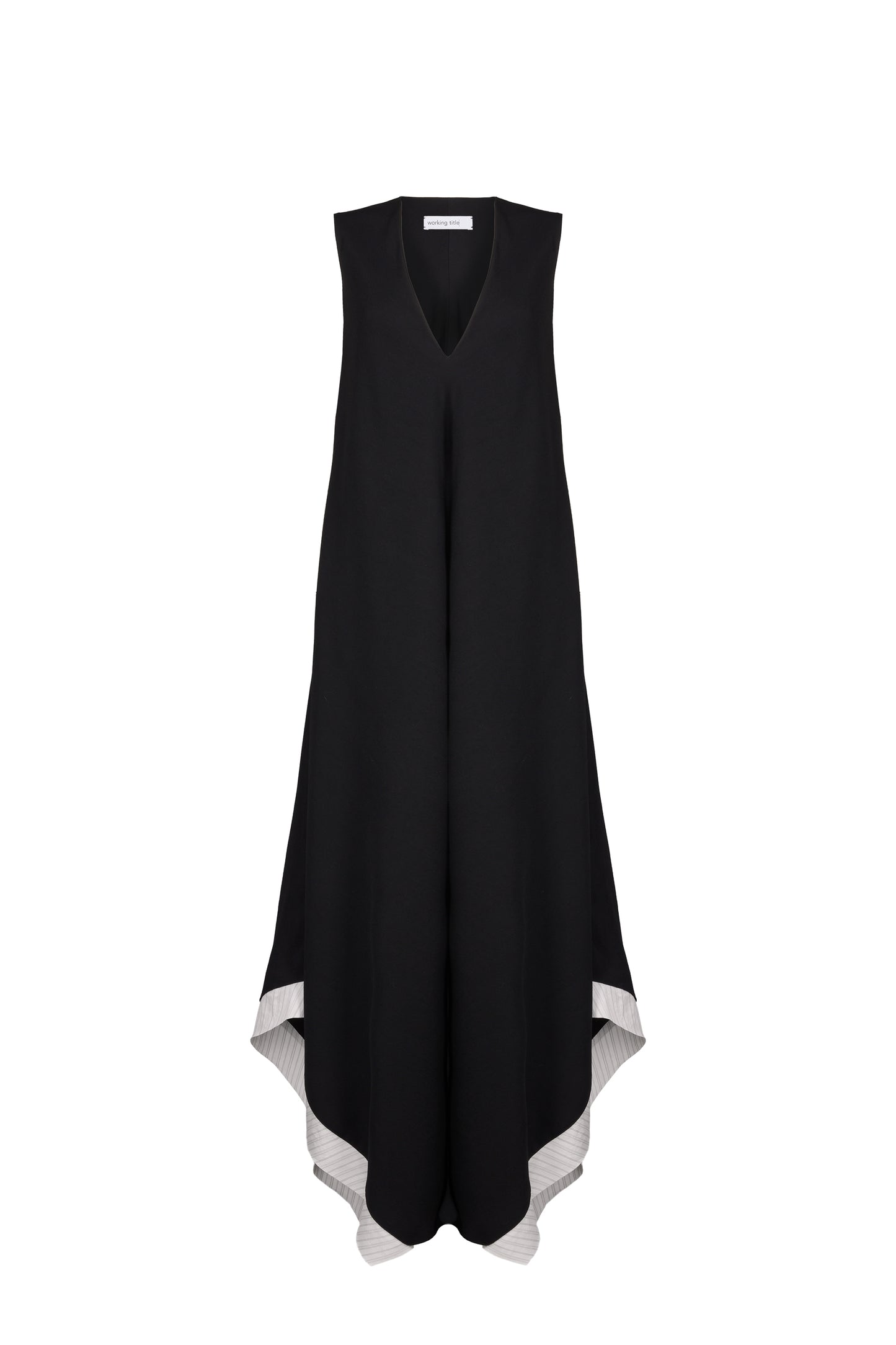 Elegant black sleeveless dress with a bias-cut hem and contrasting white stripe detailing along the edges, featuring a V-neckline and a flowing silhouette for a sophisticated look.