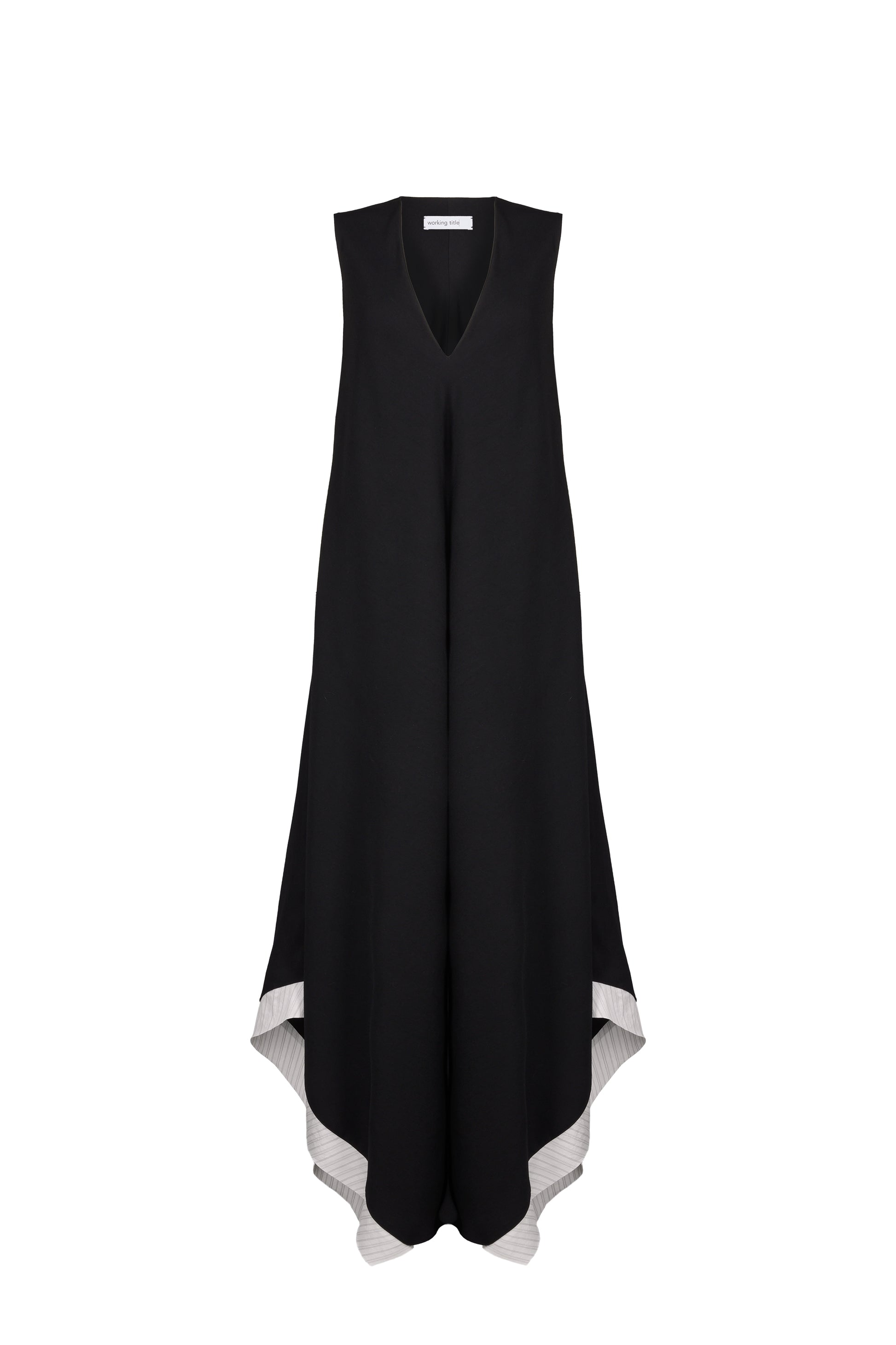Elegant black sleeveless dress with a bias-cut hem and contrasting white stripe detailing along the edges, featuring a V-neckline and a flowing silhouette for a sophisticated look.