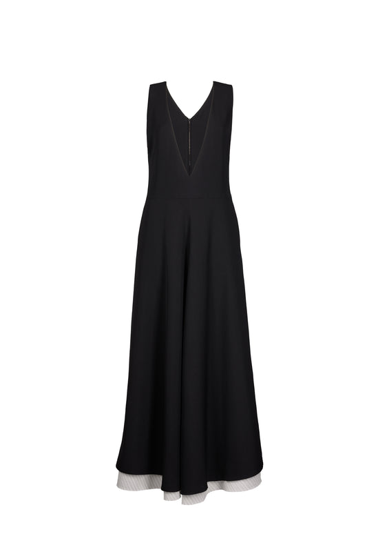 Elegant black Fluid V Dress with a deep V-neckline and contrasting hem, crafted from luxurious FSC-certified Viscose, perfect for sophisticated occasions.