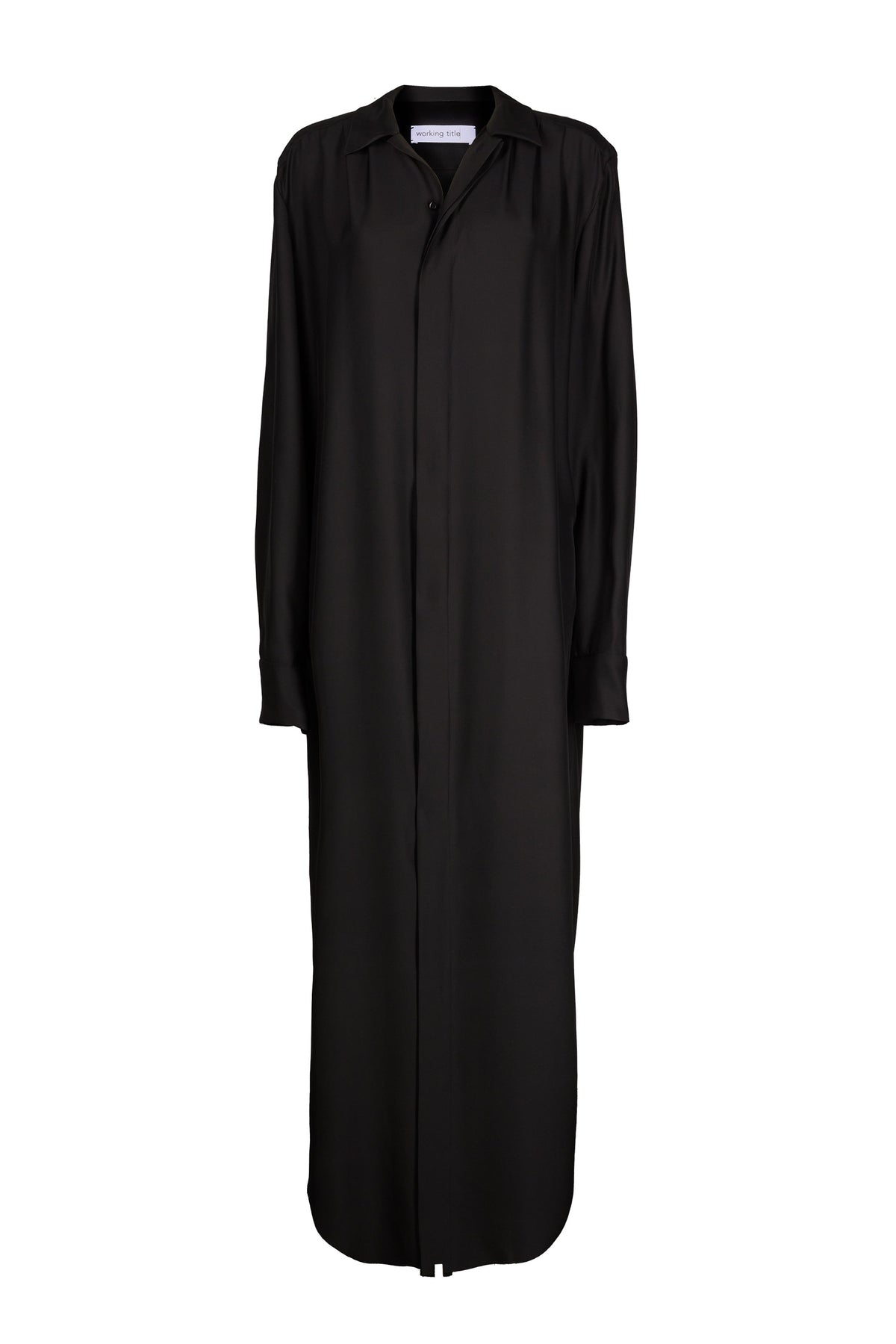 Sophisticated black silk shirt dress with classic collar and buttoned front, flowing ankle-length design for versatile style.