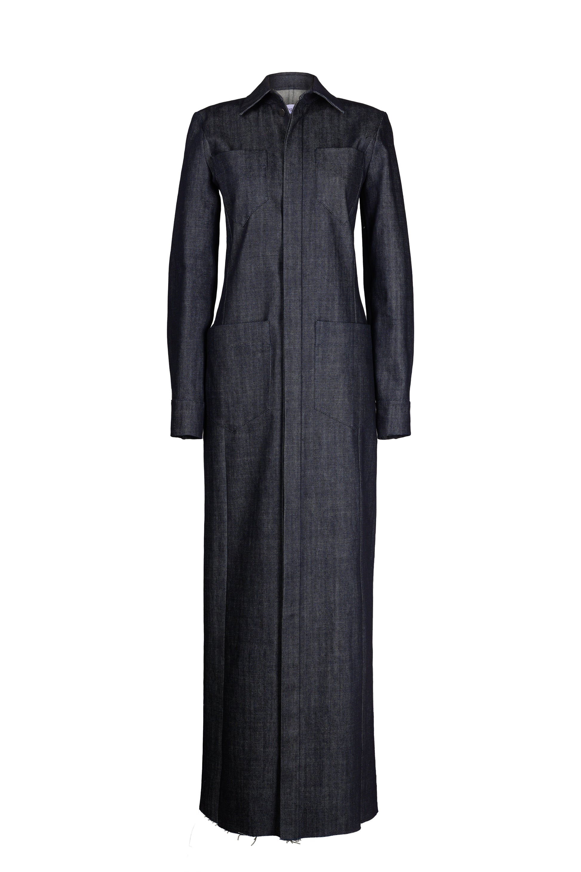 Full-length denim maxi shirt dress with pointed collar, button placket, and side pockets for a stylish yet functional outfit.