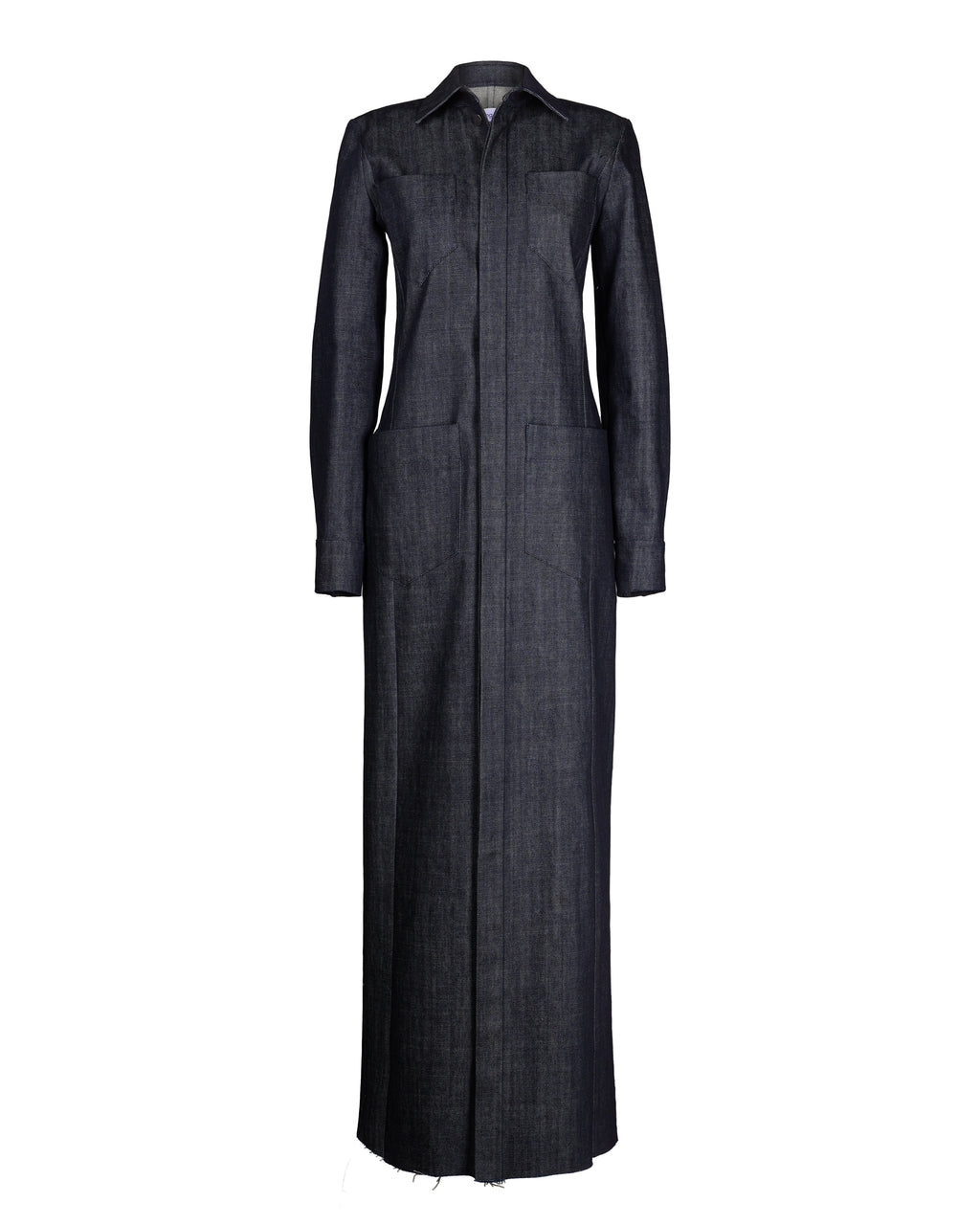 Full-length denim maxi shirt dress with pointed collar, button placket, and side pockets for a stylish yet functional outfit.