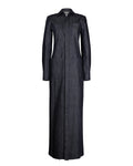 Full-length denim maxi shirt dress with pointed collar, button placket, and side pockets for a stylish yet functional outfit.