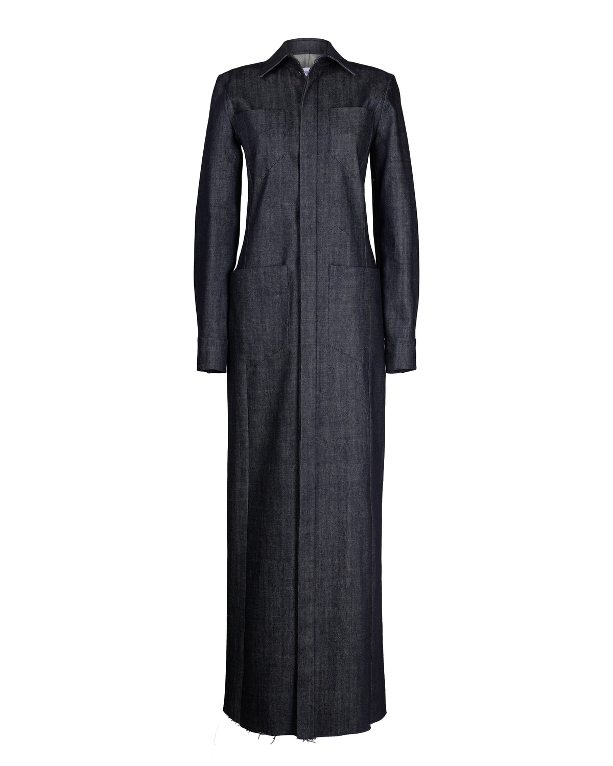 Full-length denim maxi shirt dress with pointed collar, button placket, and side pockets for a stylish yet functional outfit.