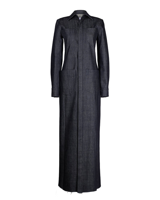 Full-length denim maxi shirt dress with pointed collar, button placket, and side pockets for a stylish yet functional outfit.