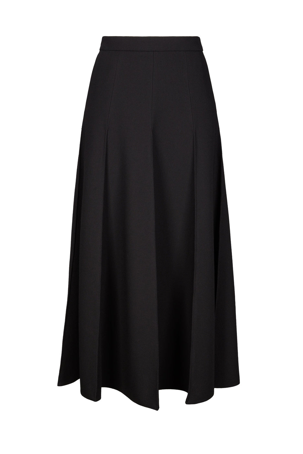 Black wool midi skirt with high-waist and panel design, crafted from Italian wool for a classic and elegant look.
