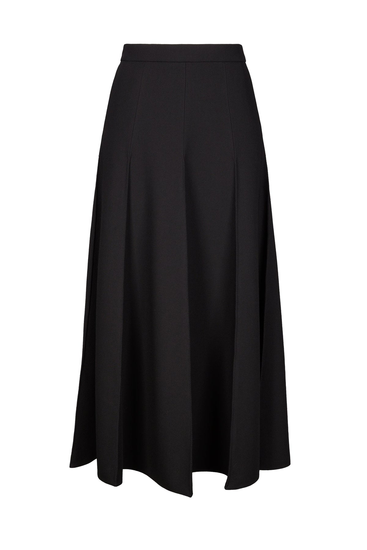 Black wool midi skirt with high-waist and panel design, crafted from Italian wool for a classic and elegant look.