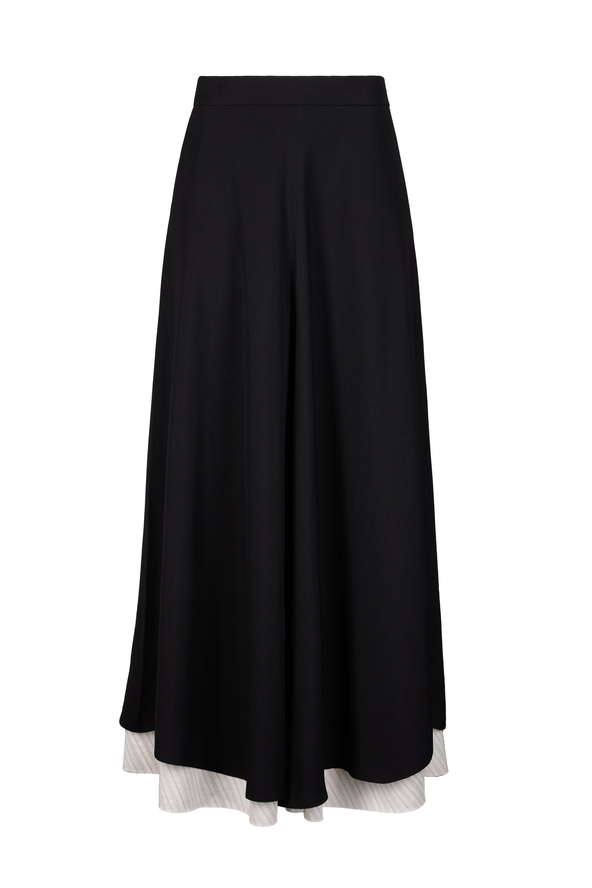 Elegant black Fluid Maxi Skirt with a high-waisted design and cascading hemline, accented by a contrasting light fabric, perfect for versatile styling.