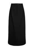 Black wool slit midi skirt with high waist and button fly and slit details on either side