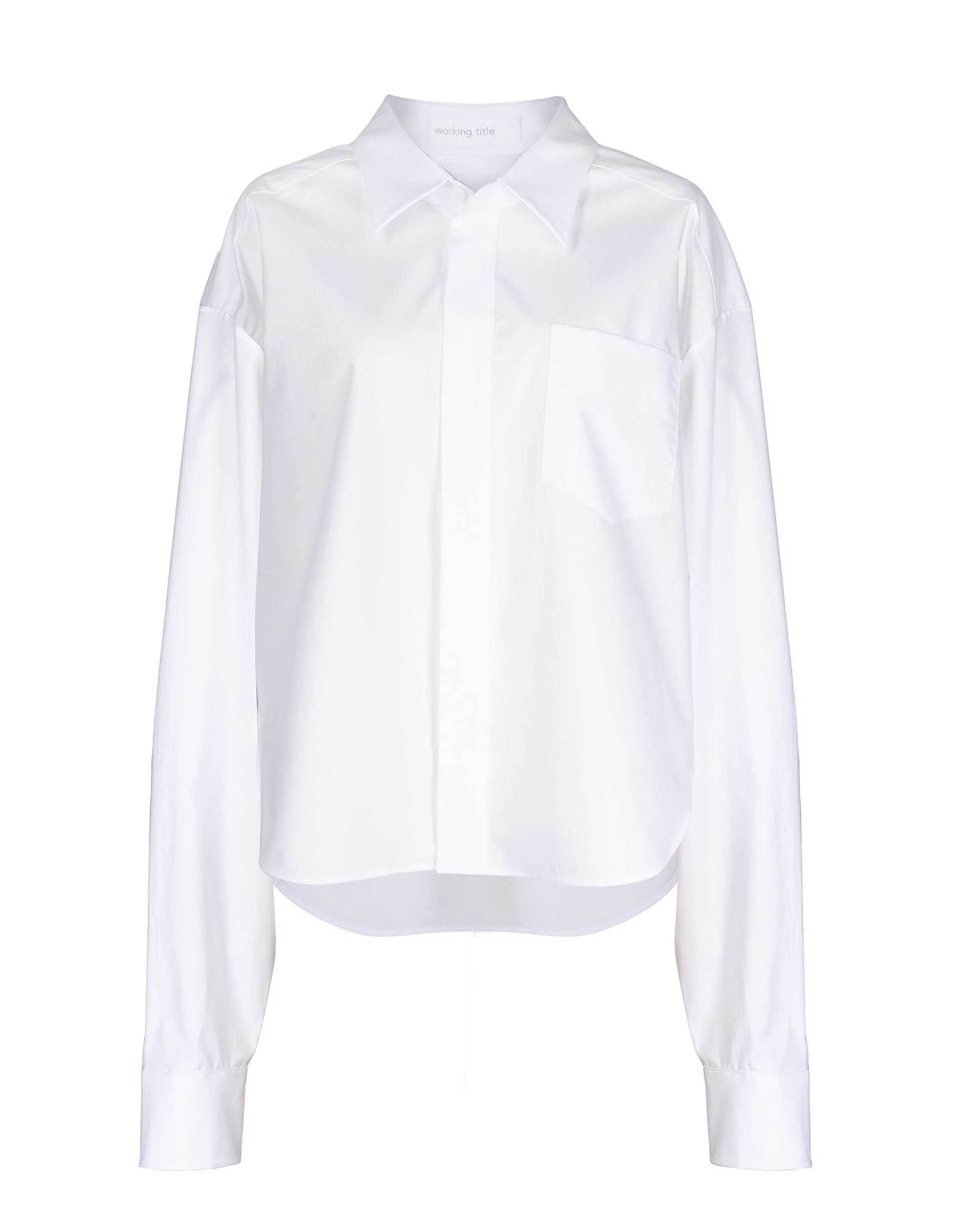 Oversized white cotton shirt in front of white background