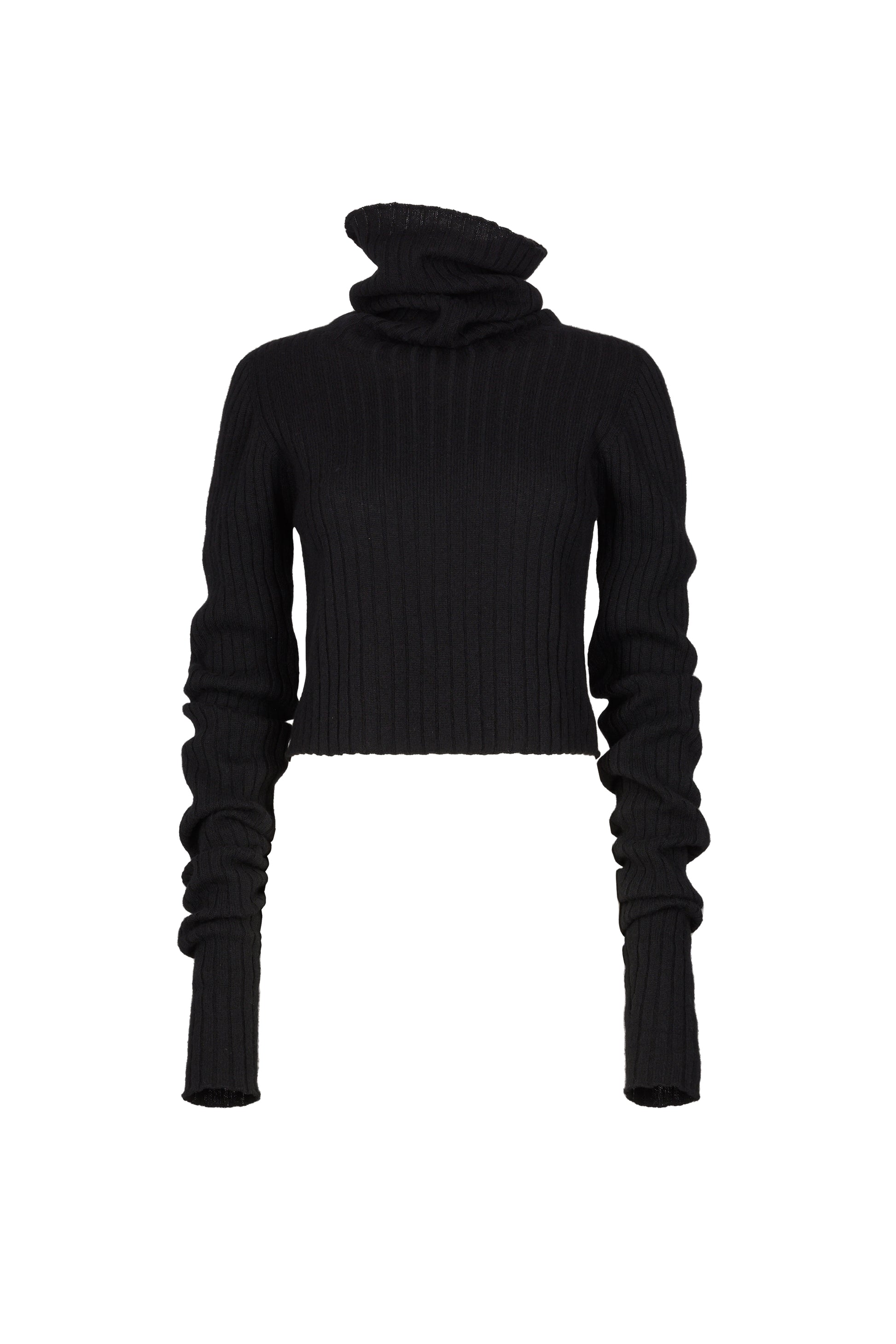 Sleek black cropped knit turtleneck sweater with elongated sleeves, offering a modern and stylish addition to the chic winter wardrobe