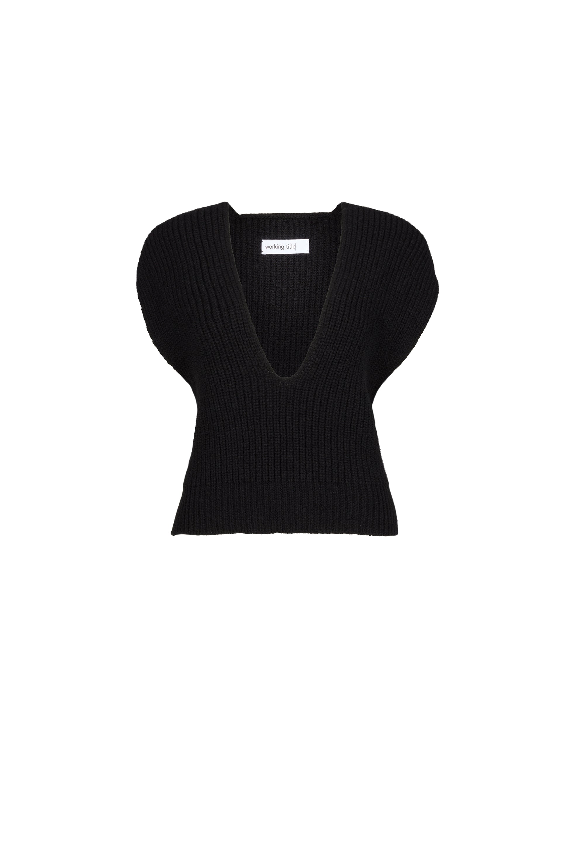 Chic black chunky knit sweater vest with a deep V-neckline and a relaxed, comfortable fit for a versatile and stylish layering piece