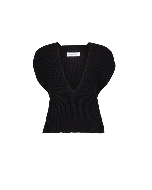 Chic black chunky knit sweater vest with a deep V-neckline and a relaxed, comfortable fit for a versatile and stylish layering piece