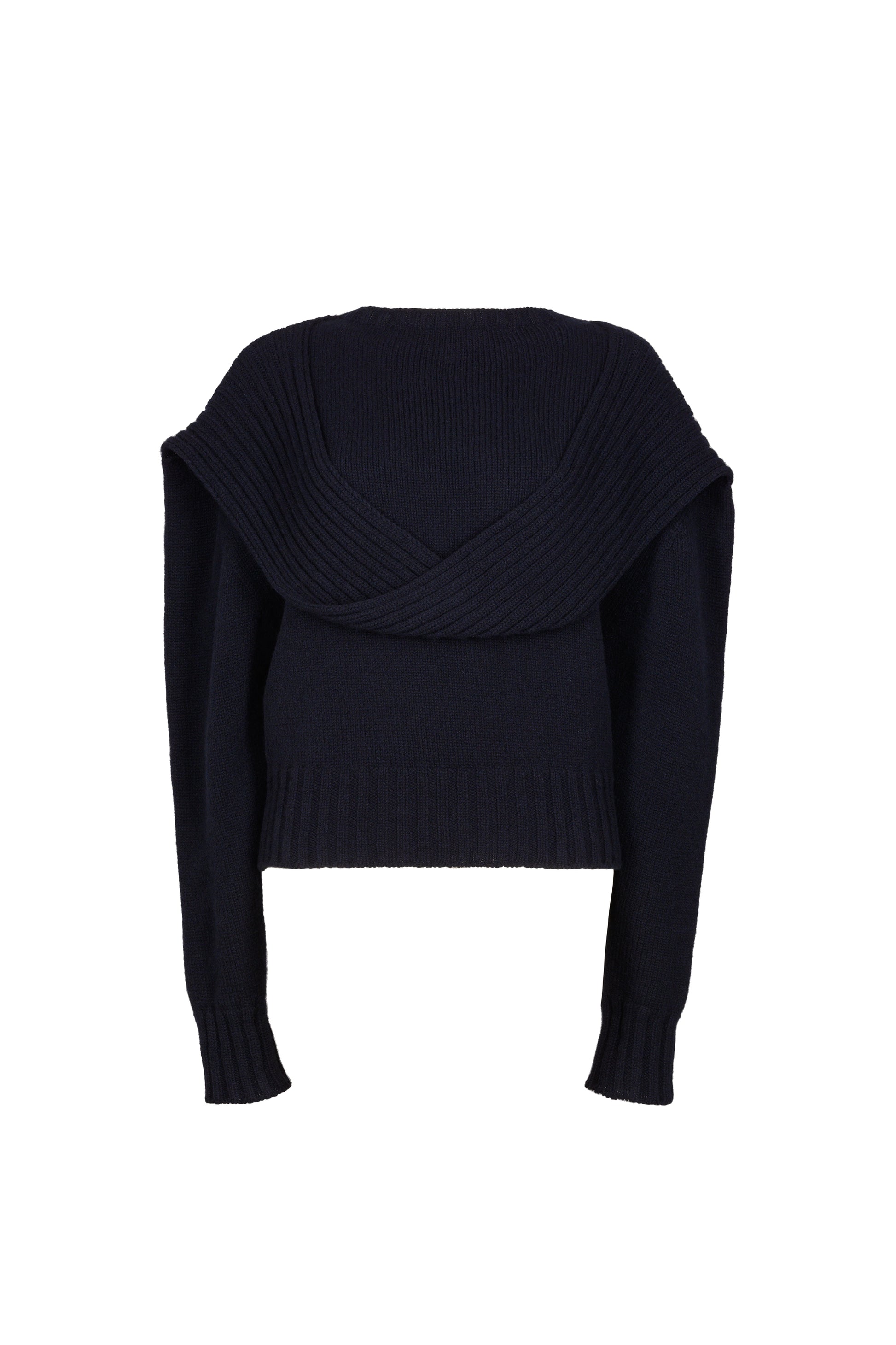 Chunky knit jumper featuring a distinctive loop detail at the draped neckline, with fitted sleeves for a contemporary and stylish look.