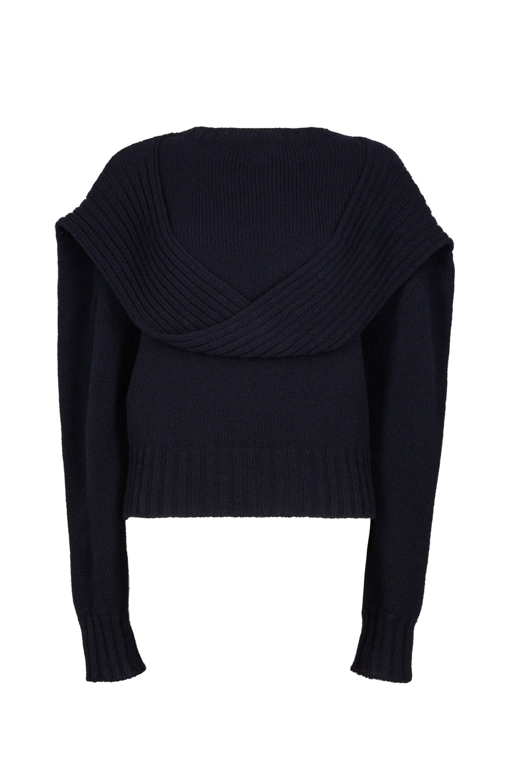 Chunky knit jumper featuring a distinctive loop detail at the draped neckline, with fitted sleeves for a contemporary and stylish look.