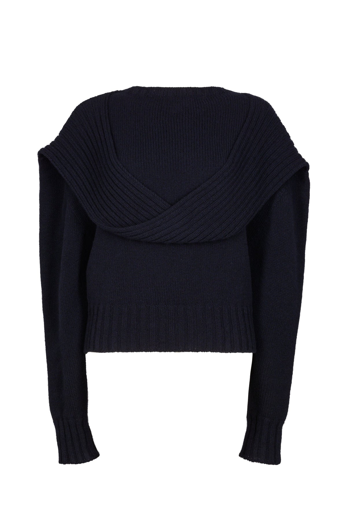 Chunky knit jumper featuring a distinctive loop detail at the draped neckline, with fitted sleeves for a contemporary and stylish look.