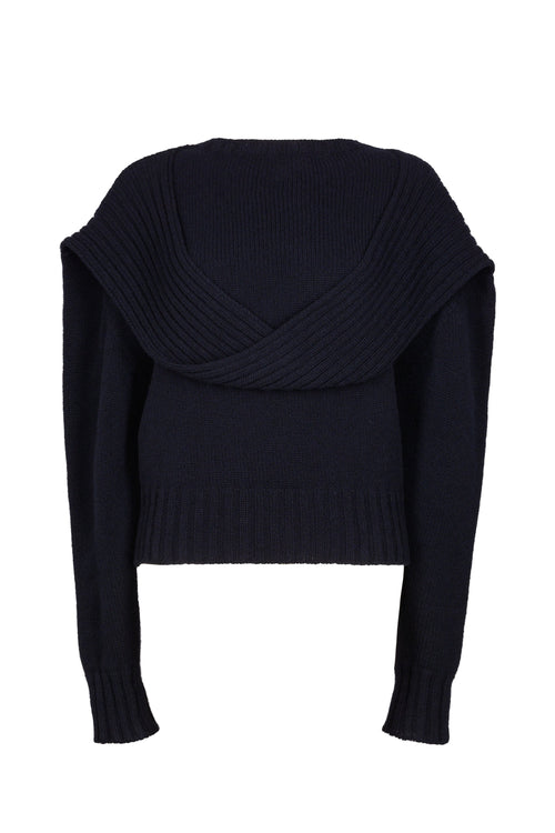 Chunky knit jumper featuring a distinctive loop detail at the draped neckline, with fitted sleeves for a contemporary and stylish look.
