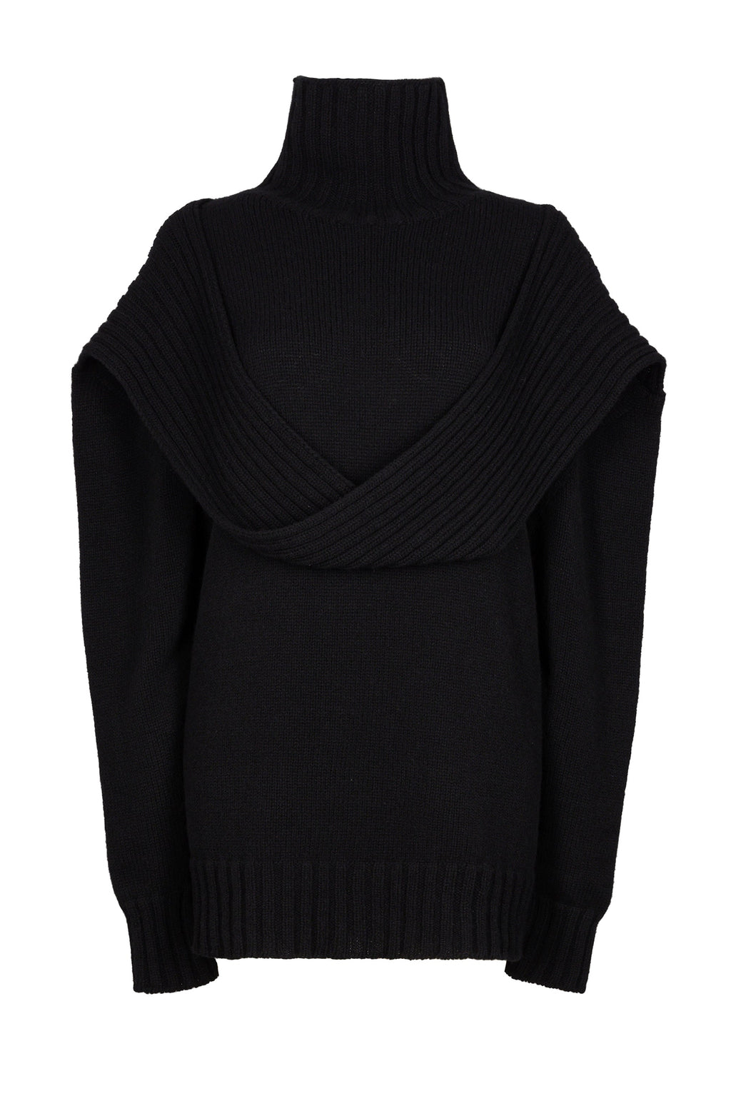 Elegant black chunky loop turtleneck sweater with a unique loop detail and snug ribbed cuffs for a sophisticated, cozy winter look