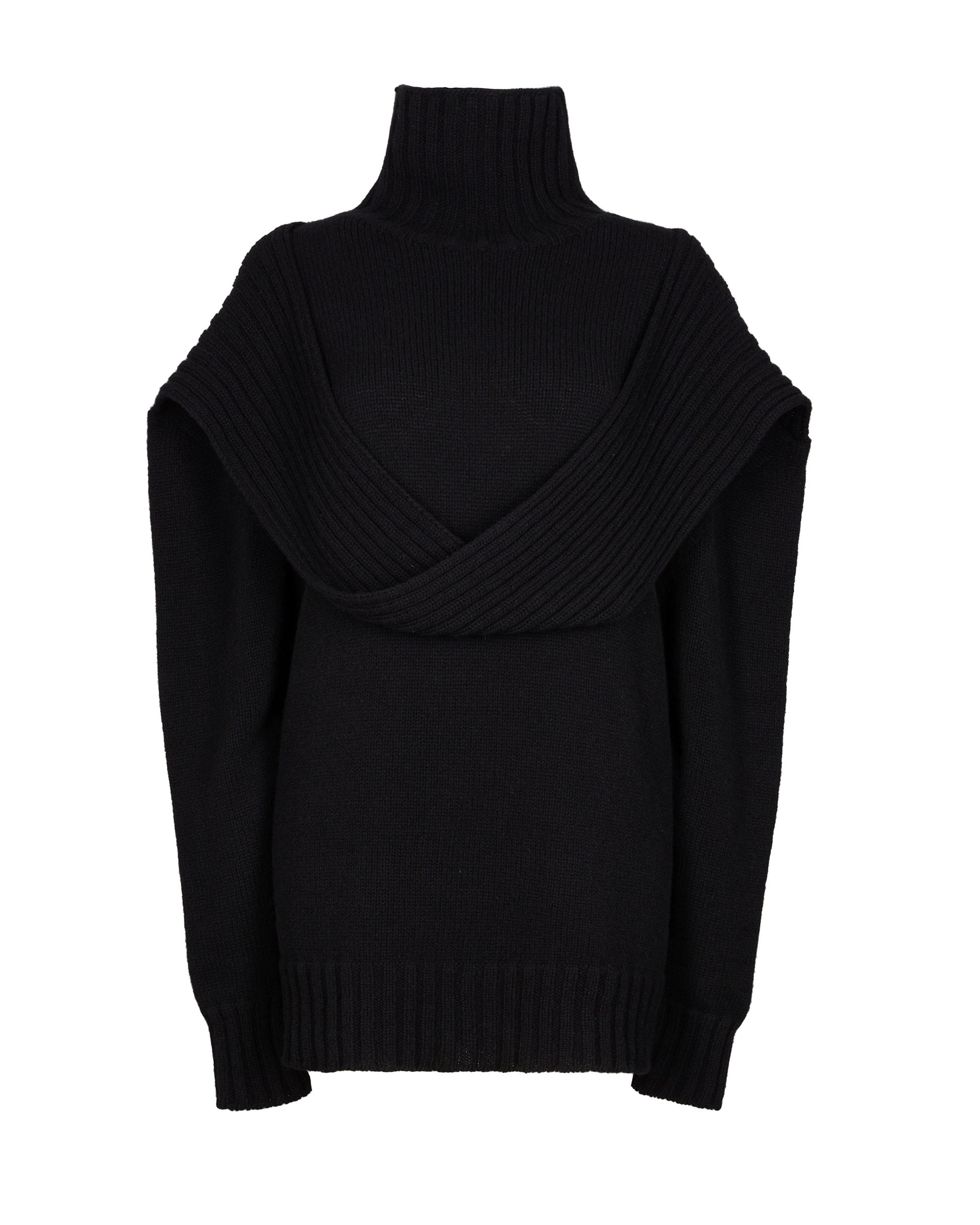 Elegant black chunky loop turtleneck sweater with a unique loop detail and snug ribbed cuffs for a sophisticated, cozy winter look