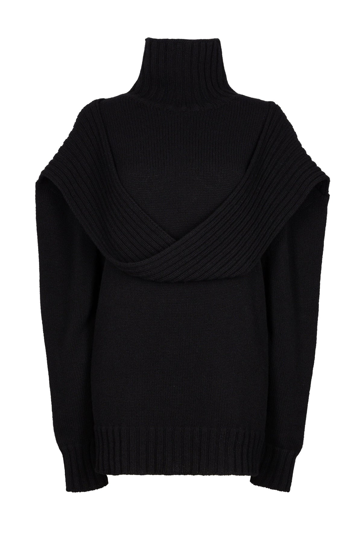 Elegant black chunky loop turtleneck sweater with a unique loop detail and snug ribbed cuffs for a sophisticated, cozy winter look