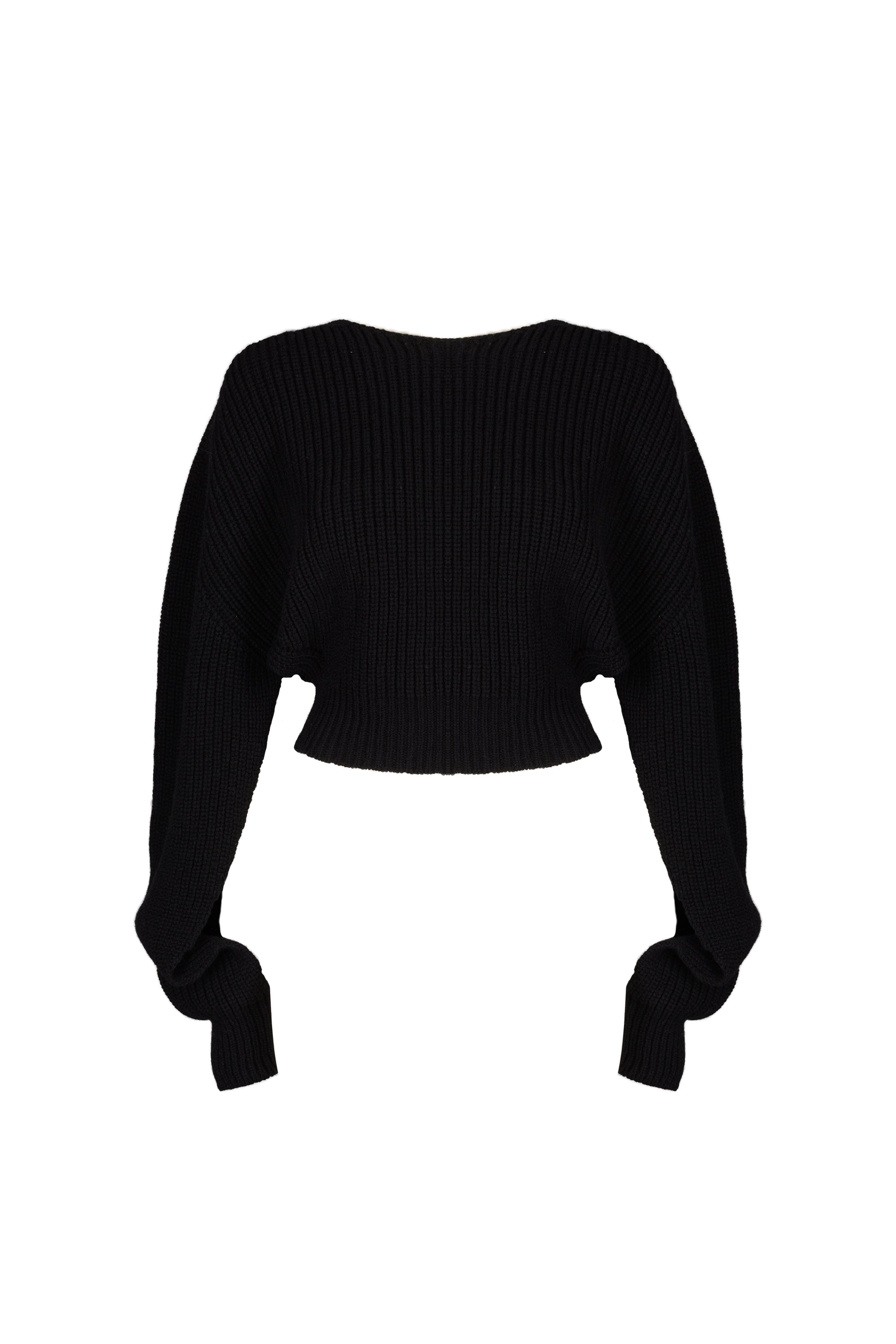 Black cropped chunky knit jumper with open sides and sleeves design, featuring a ribbed texture for a bold and edgy style