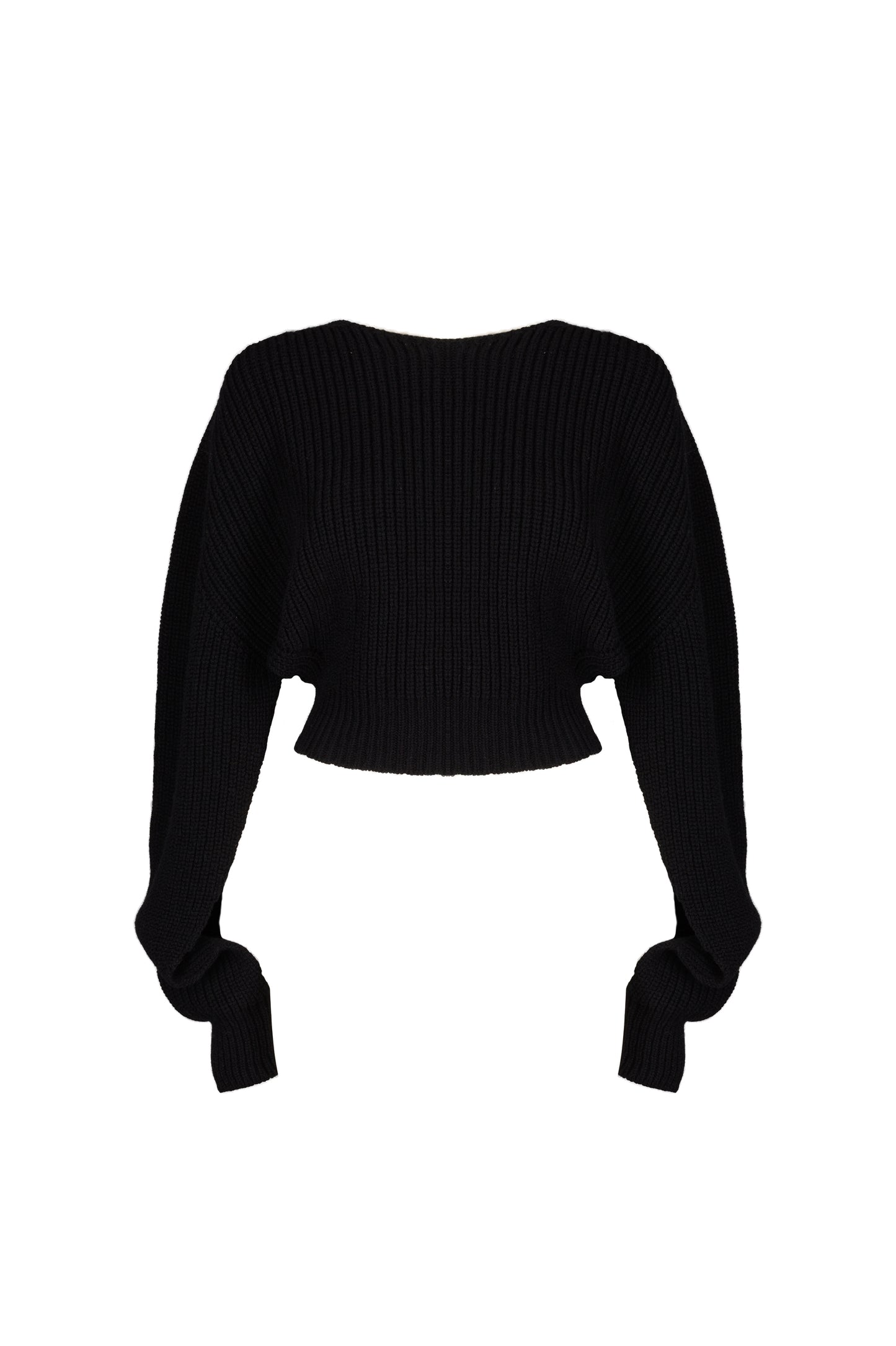 Black cropped chunky knit jumper with open sides and sleeves design, featuring a ribbed texture for a bold and edgy style