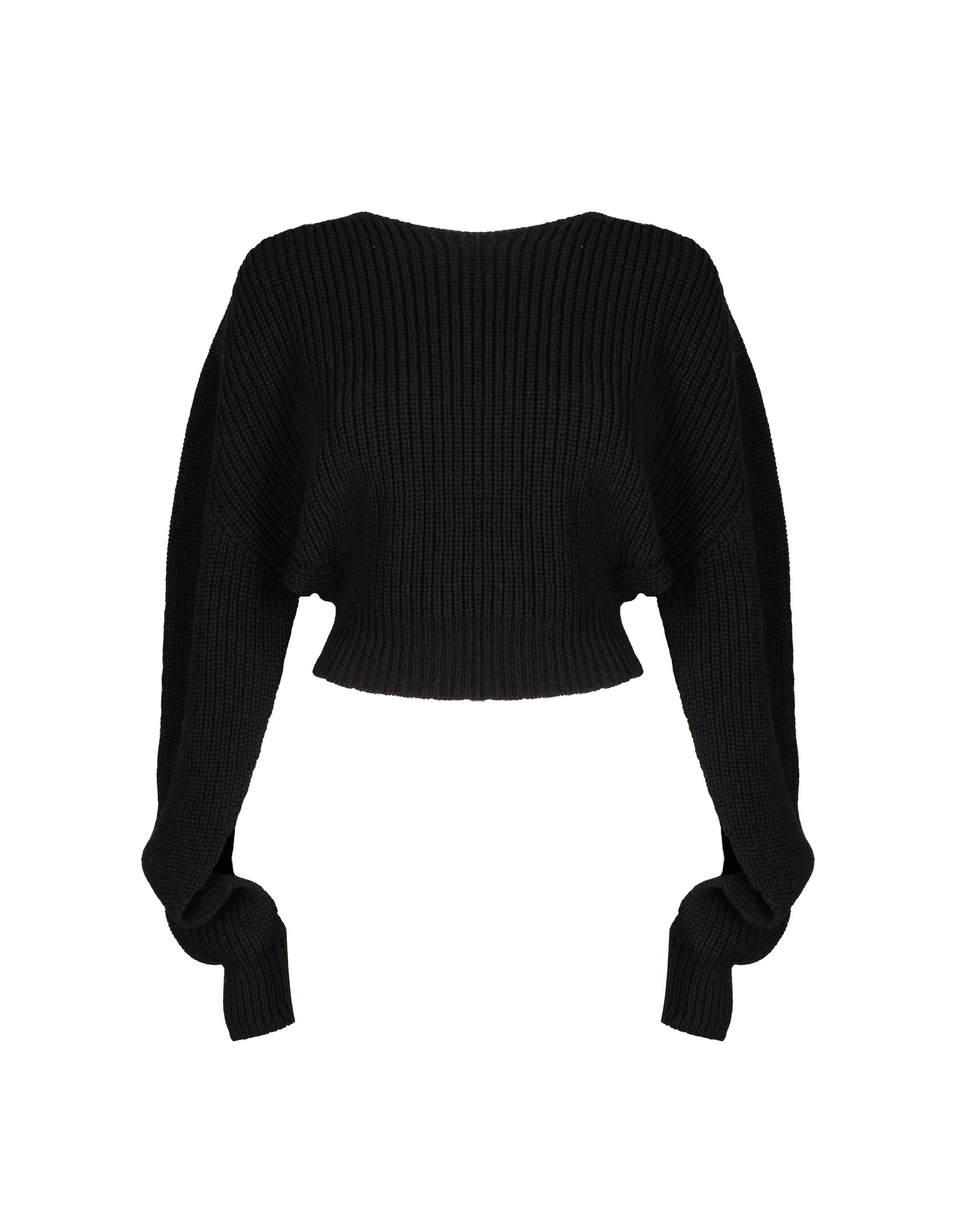 Ribbed knit jumper, designed with the modern fashion trailblazer in mind. Its cropped style pairs effortlessly with high-waisted trousers or skirts, while the open sides and sleeves add an unexpected, edgy twist to this classic silhouette.