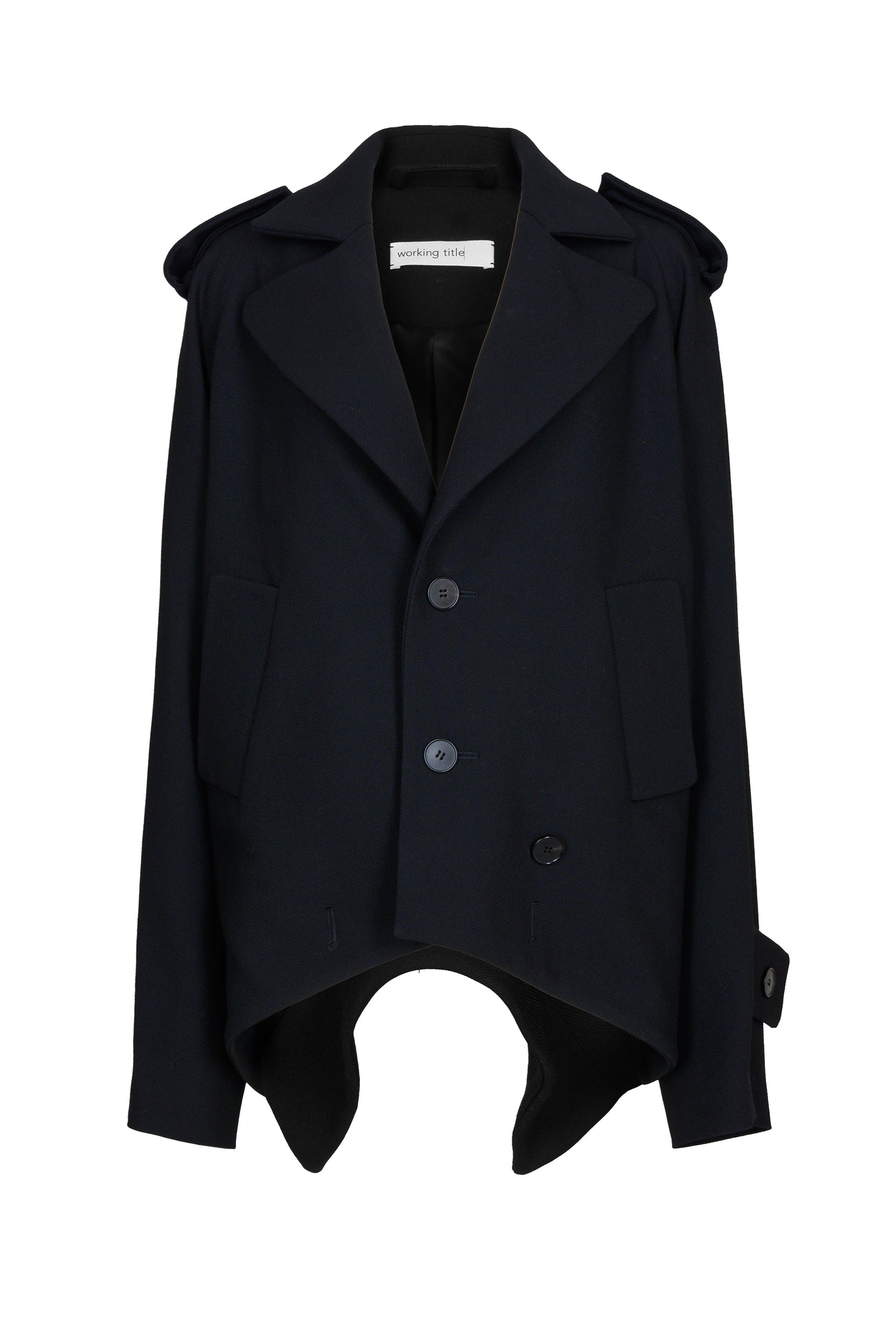 Black wool jacket with two collars on white background