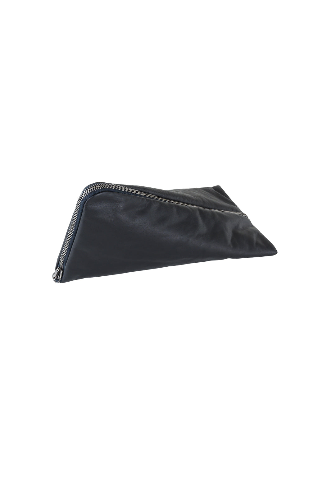 Soft leather pouch with geometric volume and contemporary sculptural proportions.