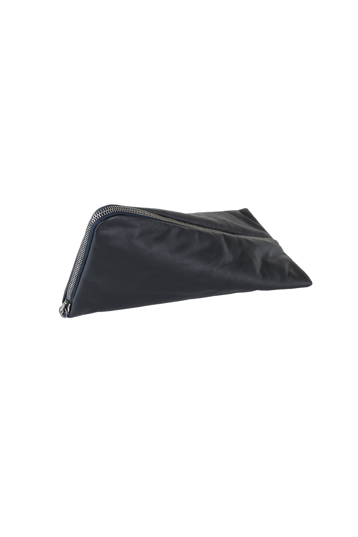Soft leather pouch with geometric volume and contemporary sculptural proportions.