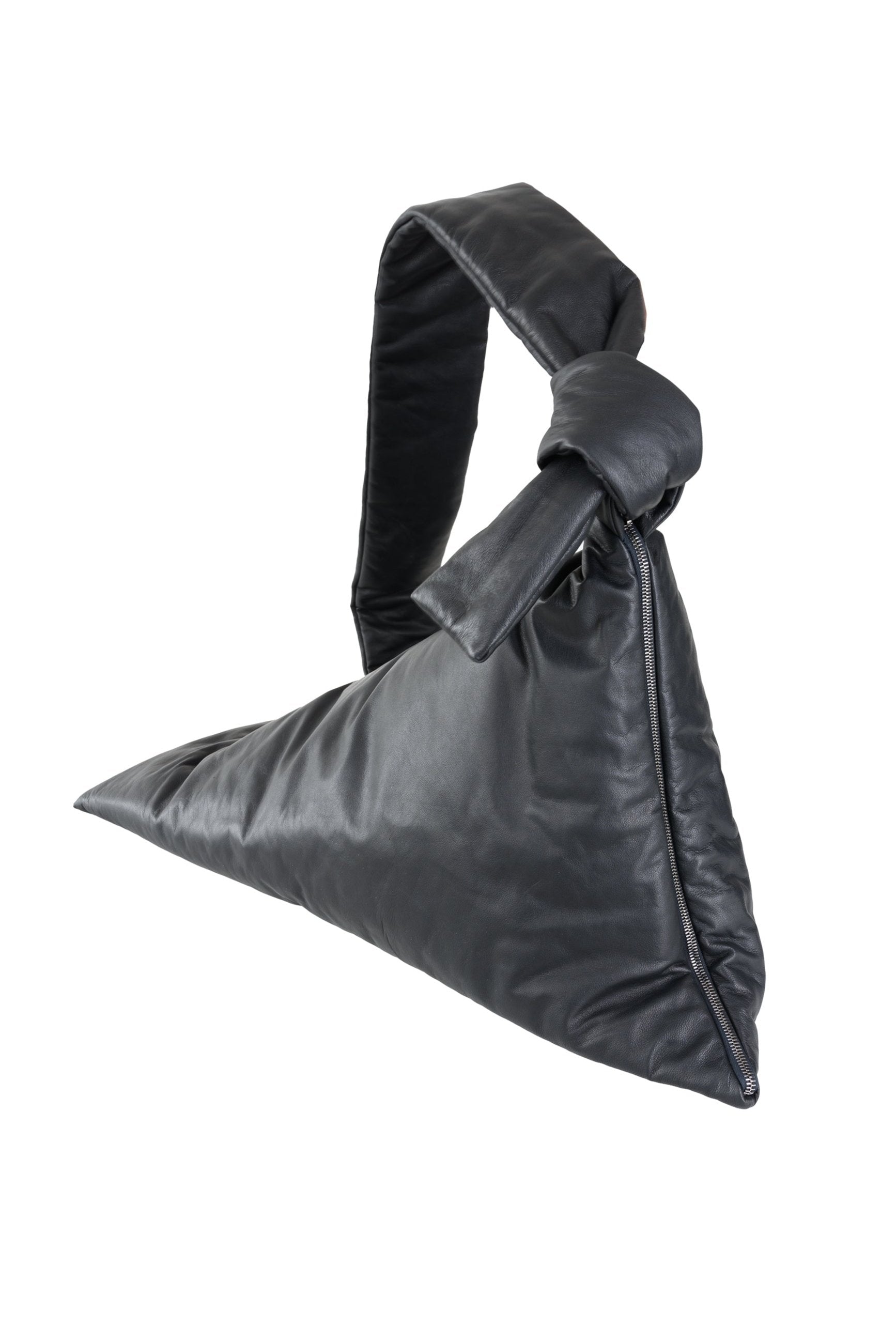 Padded lambskin leather bag with twisted handle and zip closure in a unique triangular design.
